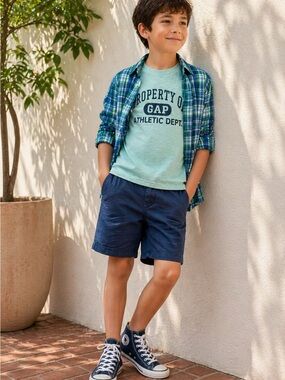 3-pieces set GAP Mint Green Logo Tee with Blue Plaid Shirt and Cat & Navy Shorts